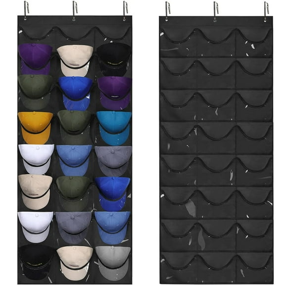 Simperf Over the Door Cap Organizer, 24 Pockets Baseball Hat Rack Hanging Hat Organizer,Hat Holder Over Door Cap Storage with 3 Hooks, Door Hanger Hat Organizer for Baseball Caps, Black