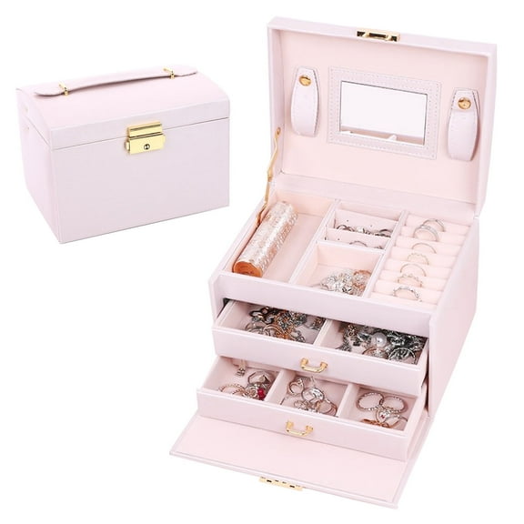 Simperf Jewelry Box for Women, 3-Layer Leather Jewelry Holder Organizer, with 2 Drawers, Large Jewelry Storage Boxes, Jewelry Box with Lock and Mirror, Large Storage Space for Ring, Necklace, Earring
