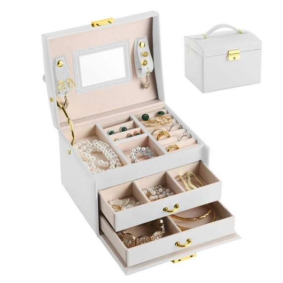 Simperf Jewelry Box for Women, 3-Layer Leather Jewelry Holder Organizer, with 2 Drawers, Large Jewelry Storage Boxes, Jewelry Box with Lock and Mirror, Large Storage Space for Ring, Necklace, Earring