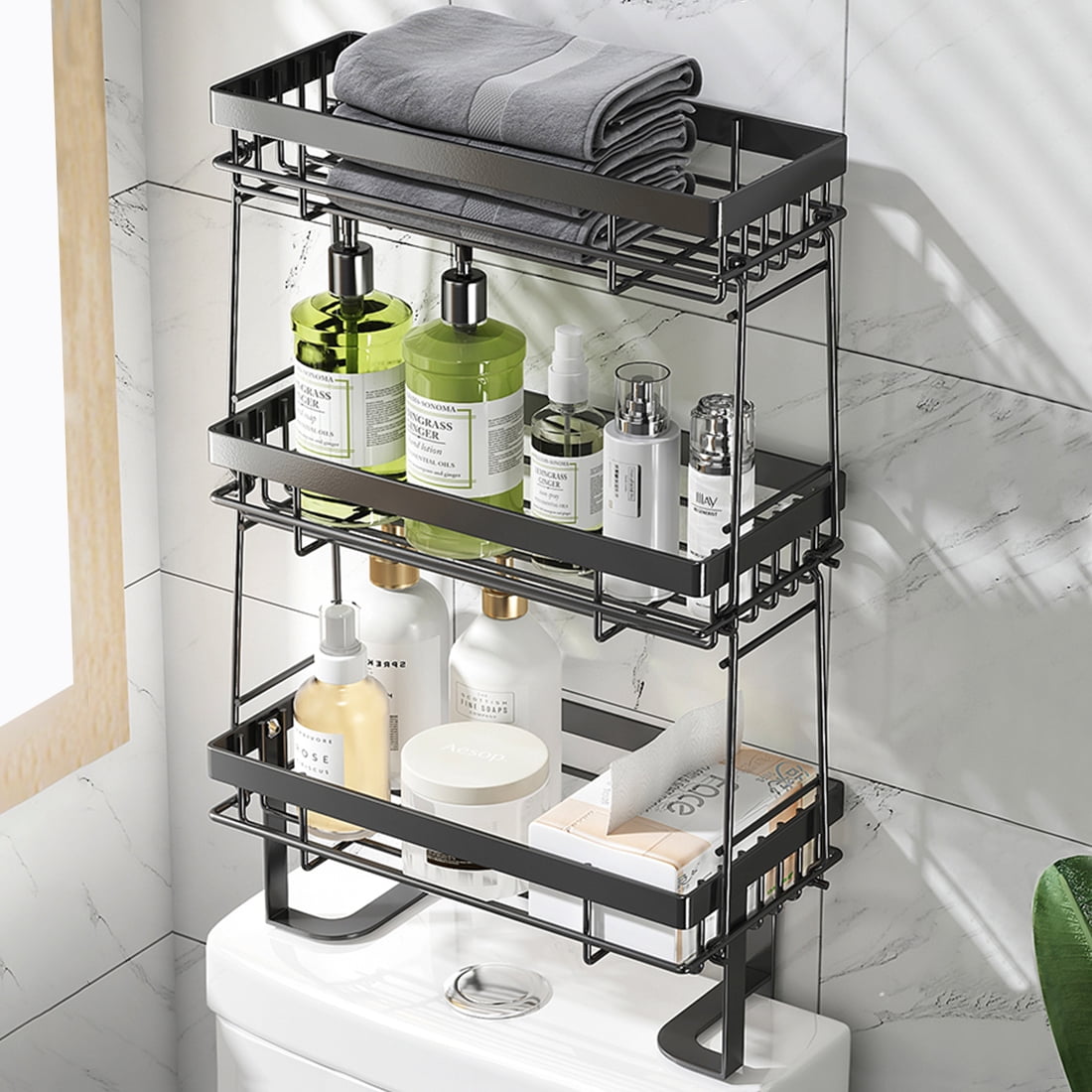 Simperf Over the Toilet Storage Shelf, 3-Tier Bathroom Storage Organizer Shelves, Bathroom Space Saver Toliet Storage Shelf, Toilet Storage Rack with Hooks, Black