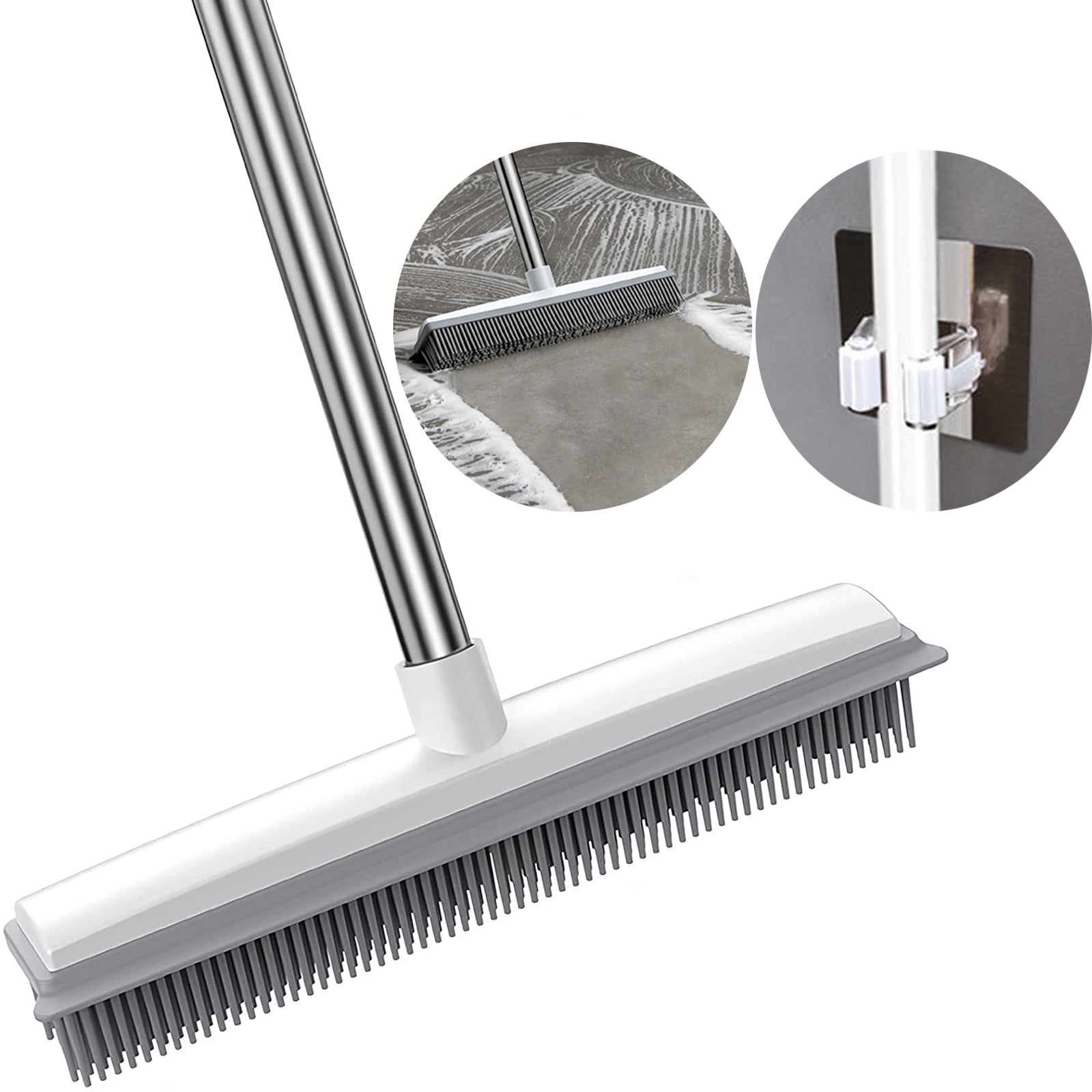 Simperf Pet Hair Removal Rubber Broom, Broom with Built-in Squeegee 47" Long Handle Floor Brush for Carpet with Self-adhesive Wall Hanging Storage Holder