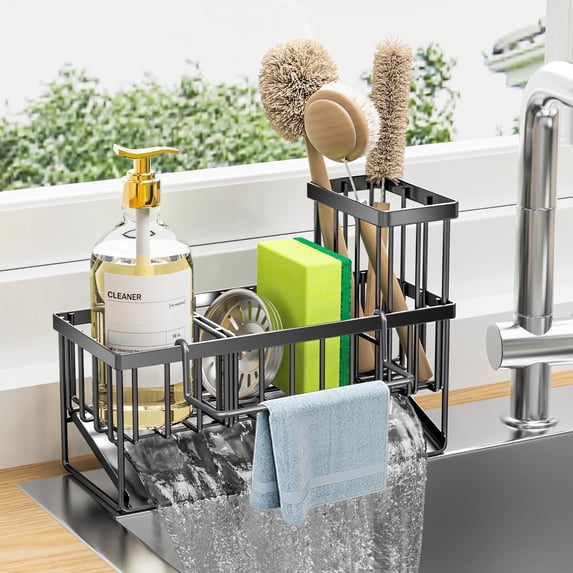 Simperf Sink Caddy Kitchen Organizer, Sponge Holder for Kitchen Sink, Black Kitchen Sink Organizer
