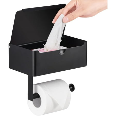 Simperf Toilet Paper Holder, with Tissue Storage Box, Wall Mounted Toilet Paper Roll Holder, Rustproof No Nail Toilet Roll Holder with Shelf, Toilet Tissue Holder, Black