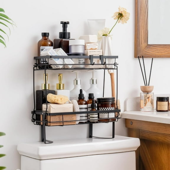 Simperf Over the Toilet Storage Shelf, 2-Tier Bathroom Storage Organizer Shelves, Bathroom Space Saver Toliet Storage Shelf, Toilet Storage Rack with Hooks, Black