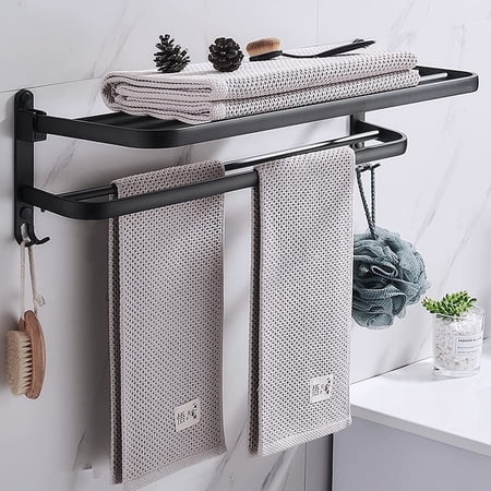 Simperf Towel Rack for Bathroom,24-Inch Foldable Towel Shelf,Rustproof Towel Storage Organizer Wall Mounted Towel Holder,Bath Towel Holder with Double Towel Bar, Black