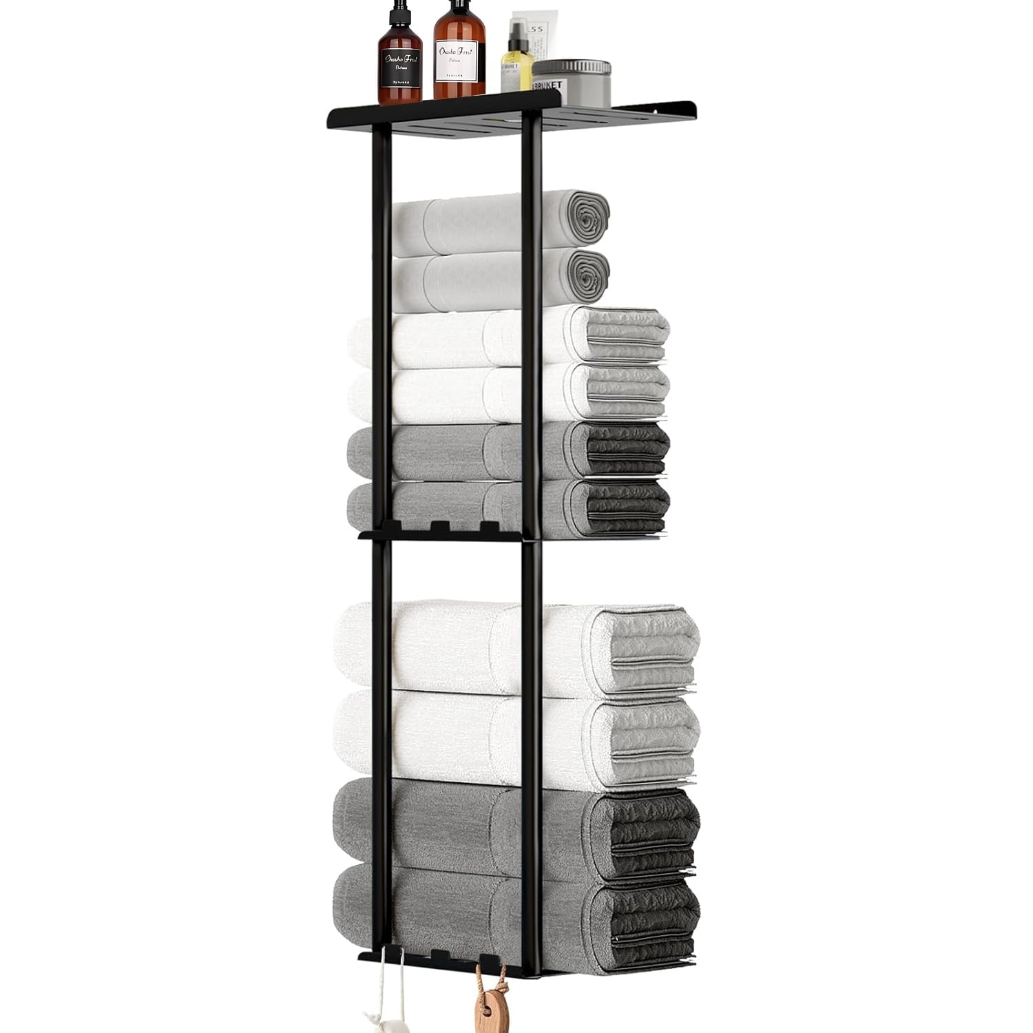 Simperf Towel Rack for Rolled Towels, 6 Hooks Sturdy Metal 3 Tier Towel Storage Rack Bathroom Bar Towel Storage, Towel Holder for Bathroom Wall Mounted Towel Washcloths