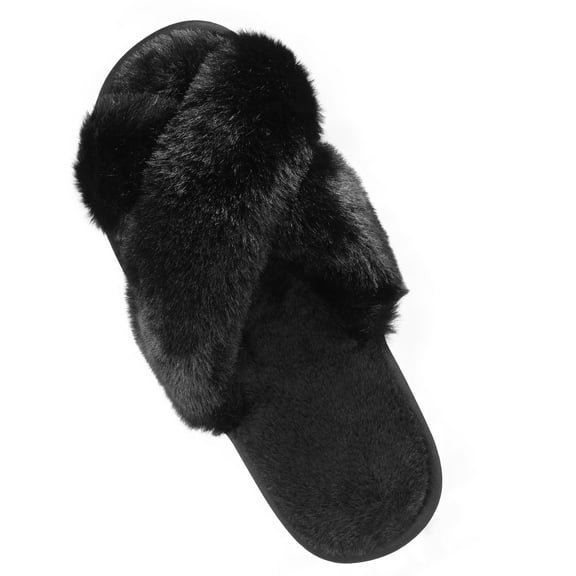 Simperf Women's Fuzzy Slippers Plush Cross Band Open Toe House Thick Sole Slippers House Slippers Black 5-6