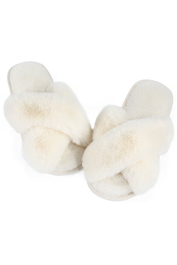 Women's Fuzzy Slippers Plush Cross Band Open Toe House Thick Sole Slippers House Slippers Beige 9-10