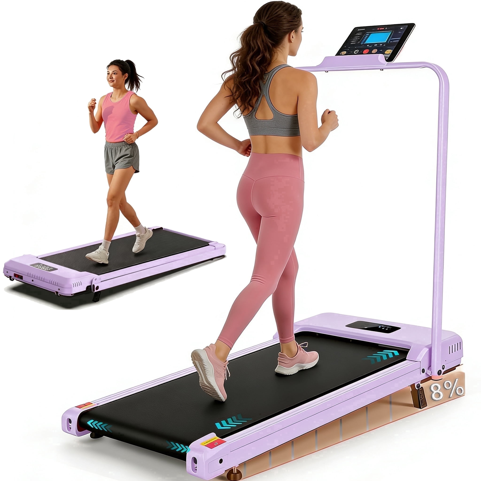 Kismom Walking Pad with Handle Bar & 8% Manual Incline, 2.5HP 2-in-1 Under Desk Treadmill for Home Office, 300 lb Capacity Portable Folding Treadmill with Remote Control & LED Display