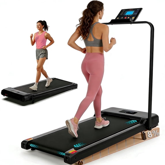 Kismom Walking Pad with Handle Bar & 8% Manual Incline, 2.5HP 2-in-1 Under Desk Treadmill for Home Office, 300 lb Capacity Portable Folding Treadmill with Remote Control & LED Display