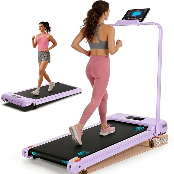 Teopeokl Walking Pad with Handle Bar & 8% Manual Incline, 2.5HP 2-in-1 Under Desk Treadmill for Home Office, 300 lb Capacity Portable Folding Treadmill with Remote Control & LED Display