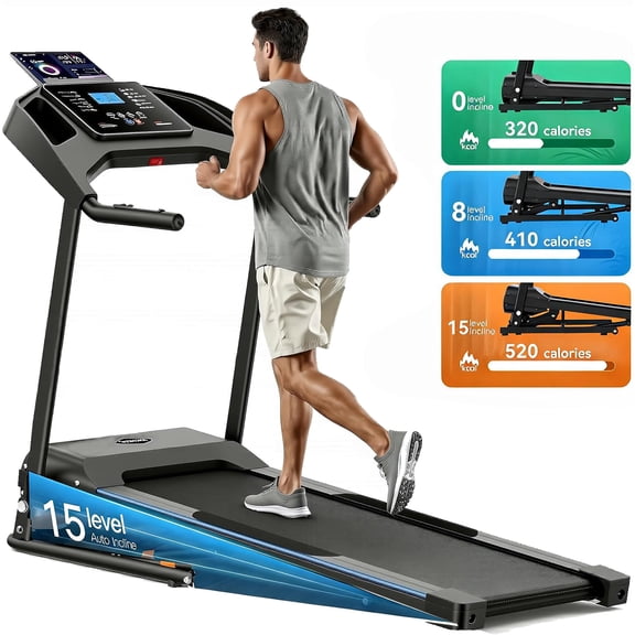 Simpfree 4.5HP Folding Treadmill with 15-Level Auto Incline, 400 lbs Capacity Running Machine for Home Office, 8.5 MPH, 12 Programs