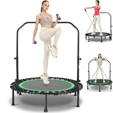 40" Foldable Mini Trampoline Max Load 450lbs,Fitness Rebounder with Resistance Ropes,4-Level Height-Adjustable Foam Handle,Indoor/Outdoor Rebounder for Adults