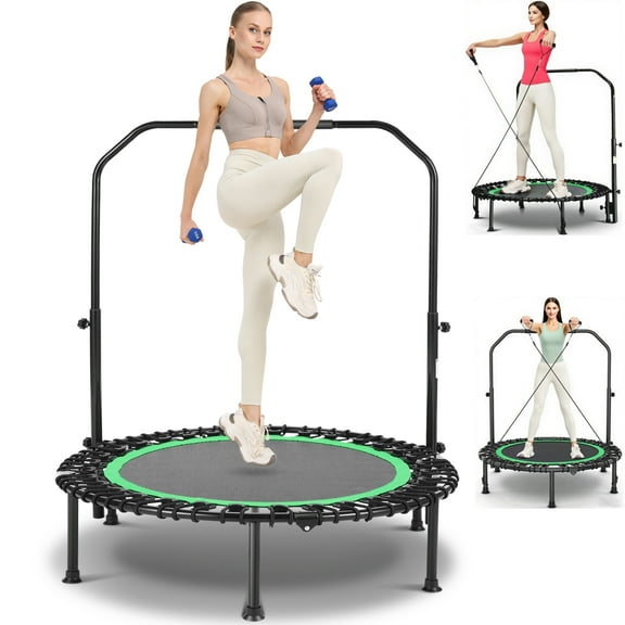 40" Foldable Mini Trampoline Max Load 450lbs,Fitness Rebounder with Resistance Ropes,4-Level Height-Adjustable Foam Handle,Indoor/Outdoor Rebounder for Adults