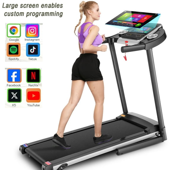 Simpfree Treadmill with 10" HD TV Movie Touchscreen and 3D Virtual Sports Scene, 0.5-9.0 mph/h & 3.25HP Electric Treadmill with Incline for Home(Black)