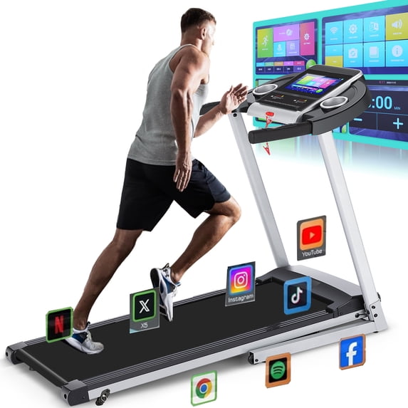 Simpfree Treadmill with 10" HD TV Movie Touchscreen and 3D Virtual Sports Scene, 0.5-9.0 mph/h & 3.25HP Electric Treadmill with Incline for Home