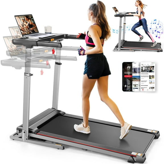Simpfree Treadmill with Height-Adjustable Desk, 300LBS Folding Treadmill with Incline\App\Bluetooth Speakers\LED Monitor\64 Programs for Home, 0.6-7.5MPH/h