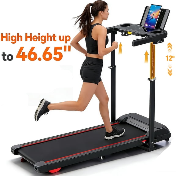 Kismom 8% Incline Treadmill with Adjustable Height & Foldable Workstation, 3.5HP Home Treadmill 300 lbs Capacity, 12 Programs & Heart Rate Monitor