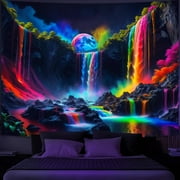 Simpkeely Blacklight Fantasy Waterfall Planet Tapestry UV Reactive Nature Tapestry Neon Landscape Mountain Wave Tapestry Wall Hanging - 59.1" x 80"