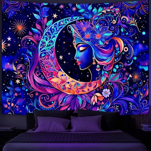 Simpkeely Blacklight Moon and Star Tapestry, Elegant Goddess UV Reactive Sun Mandala Wall Hanging Tapestries, Colorful Boho Aesthetic Tapestry for Bedroom, Living Room - 59.1" x 80"