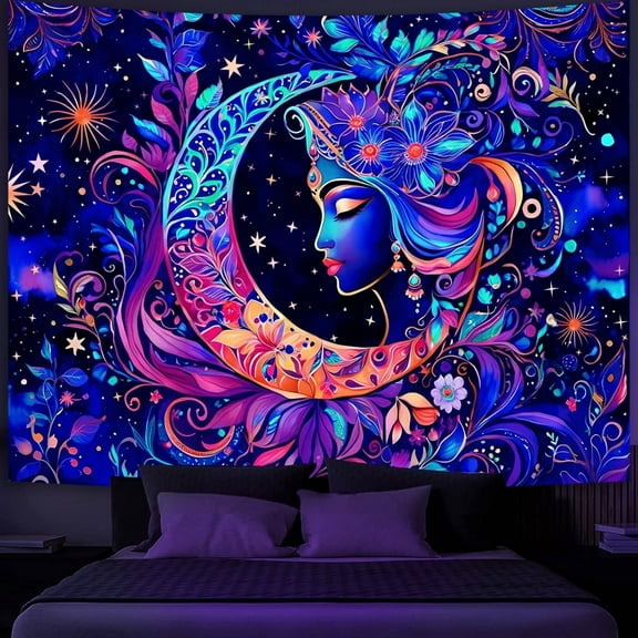Simpkeely Blacklight Moon and Star Tapestry, Elegant Goddess UV Reactive Sun Mandala Wall Hanging Tapestries, Colorful Boho Aesthetic Tapestry for Bedroom, Living Room - 70.9" x 90.6"