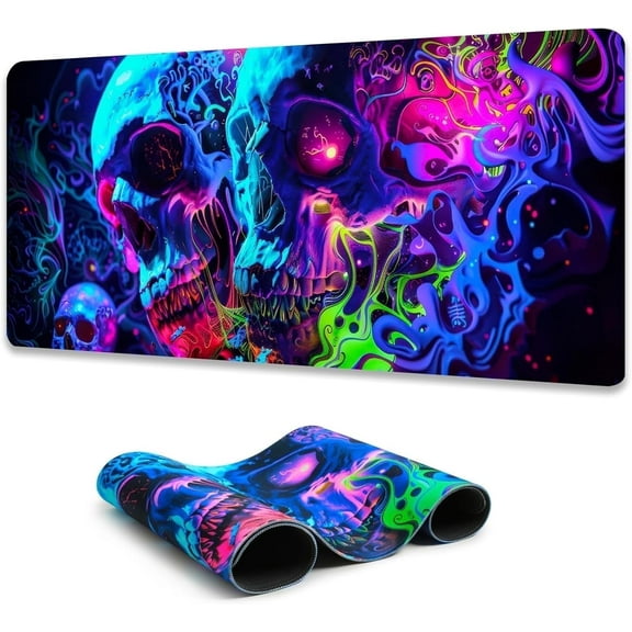 Simpkeely Horror Skull Mouse Pad, Large Waterproof Blacklight Colorful Skeleton Neon Gaming Non-Slip Rubber Base Mousemat, Glow in The Dark Abstract Desk Mat for Office Home - 31.5 x 11.8 inches