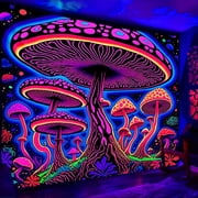 Simpkeely Blacklight Mushroom Tapestry, UV Reactive Fantasy Forest Neon Wall Hanging, Fluorescent Party Decor Glow Wall Art for Bedroom, Dorm, Gaming Room - 51.