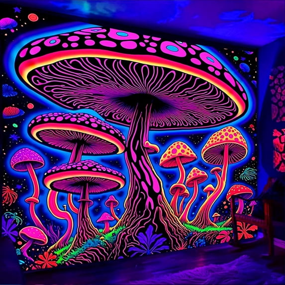 Simpkeely Blacklight Mushroom Tapestry, UV Reactive Fantasy Forest Neon Wall Hanging, Fluorescent Party Decor Glow Wall Art for Bedroom, Dorm, Gaming Room - 51.2" x 59.1"