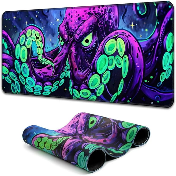 Simpkeely Blacklight Octopus Gaming Mouse Pad – UV Reactive Kraken Tentacles Mouse Mat, Neon Glow in The Dark Waterproof Extended Mousepad with Non-Slip Rubber Base for Office & Home – 31.5" x 11.8"