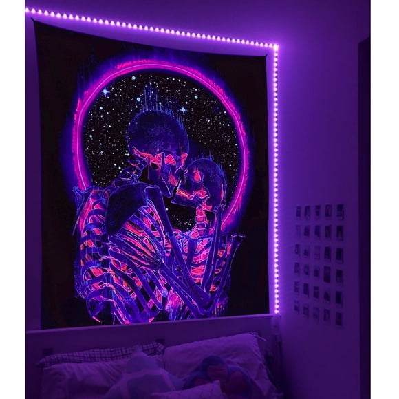 Simpkeely Blacklight Skull Tapestry, The Kissing Lovers Tapestry UV Reactive Trippy Psychedelic Neon Tapestries Glow in the Dark Party Backdrop, Skeleton Wall Art for Bedroom – 51.2” x 59.1”