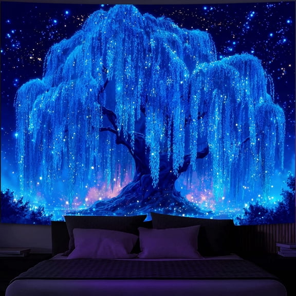 Simpkeely Blacklight Tree of Life Tapestry - UV Reactive Neon Willow & Galaxy Starry Night Wall Hanging, Mystical Aesthetic Wall Art for Bedroom, Living Room & Party Decor - 51.2" x 59.1"