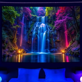 Simpkeely Blacklight Waterfall Tapestry - UV Reactive Glow in the Dark Neon Forest Wall Hanging, Vibrant Nature Landscape Wonderland for Bedroom, Living Room Decor - 70.9" x 90.6"