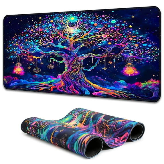 Simpkeely Colorful Tree of Life Mouse Pad, Blacklight Gaming Extended Large Desk Pad, UV Reactive Waterproof Long Keyboard Big Mouse Mat with 3mm Non-Slip Rubber Base for Office Home - 31.5" x 11.8"