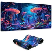 Simpkeely Fantasy Mushroom Mouse Pad, Blacklight Gaming Forest Waterproof Extended Large Desk Pad UV Long Computer Keyboard Big Mouse Mat with 3mm Non-Slip Rubber Base for Office Home - 31.5" x 11.8"