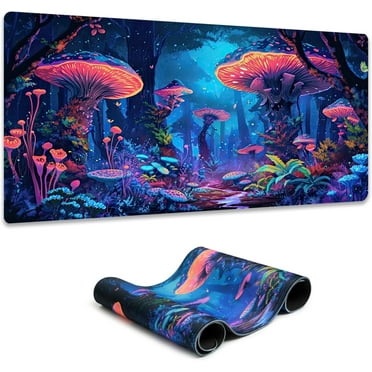 Simpkeely Fantasy Mushroom Mouse Pad, Blacklight Gaming Forest Waterproof Extended Large Desk Pad UV Long Computer Keyboard Big Mouse Mat with 3mm Non-Slip Rubber Base for Office Home - 31.5" x 11.8"