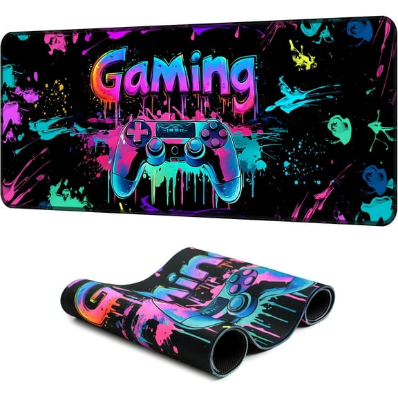 Simpkeely Gaming Mouse Pad, X-Large Waterproof Blacklight Colorful Splatter Art Game Controller Non-Slip Rubber Base Mousemat, Glow in The Dark Desk Mat for Office Home - 31.5" x 11.8"