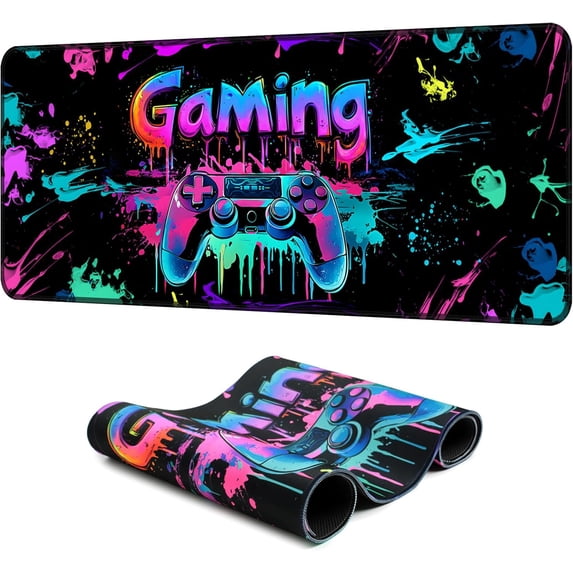 Simpkeely Gaming Mouse Pad, X-Large Waterproof Blacklight Colorful Splatter Art Game Controller Non-Slip Rubber Base Mousemat, Glow in The Dark Desk Mat for Office Home - 31.5" x 11.8"