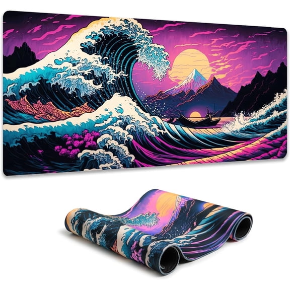 Simpkeely Japanese Sea Wave Mouse Pad, Blacklight Kanagawa Gaming Waterproof Extended Large Desk Pad Long Computer Keyboard Big Mouse Mat with 3mm Non-Slip Rubber Base for Office Home - 31.5" x 11.8"