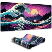 Simpkeely Japanese Sea Wave Mouse Pad, Blacklight Kanagawa Gaming Waterproof Extended Large Desk Pad Long Computer Keyboard Big Mouse Mat with 3mm Non-Slip Rubber Base for Office Home - 31.5" x 11.8"