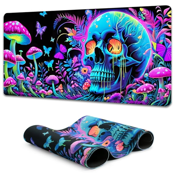 Simpkeely Large Skull Mushroom Gaming Mouse Pad - UV Light Reactive Neon Glow Butterfly Mat Waterproof XL Non-Slip Rubber Base for Computer & Keyboard, 31.5" x 11.8"
