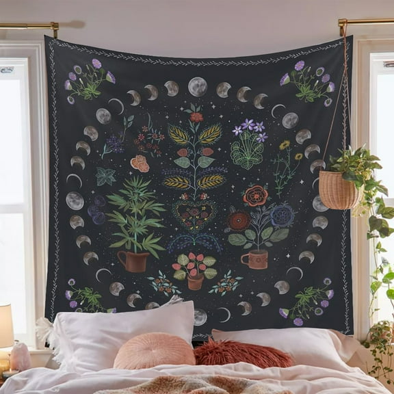 Simpkeely Plant Aesthetic Tapestry, Botanical Moon Phase Tapestry Wall Hanging Nature Tapestries Floral Tapestry for Bedroom Living Room - 51.2" x 59.1"