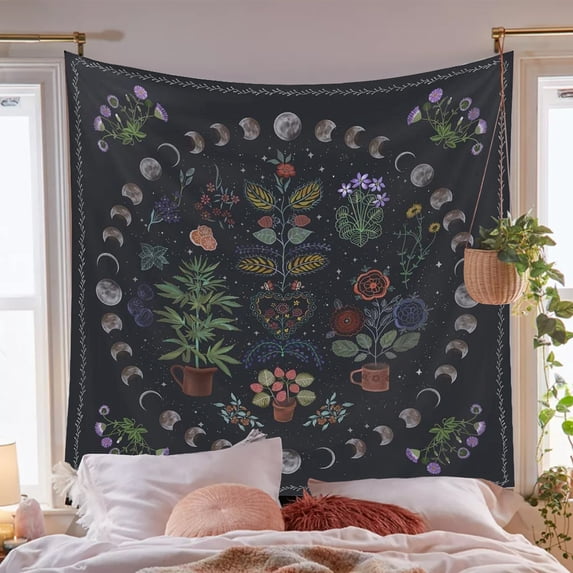 Simpkeely Plant Aesthetic Tapestry, Botanical Moon Phase Tapestry Wall Hanging Nature Tapestries Floral Tapestry for Bedroom Living Room - 51.2" x 59.1"