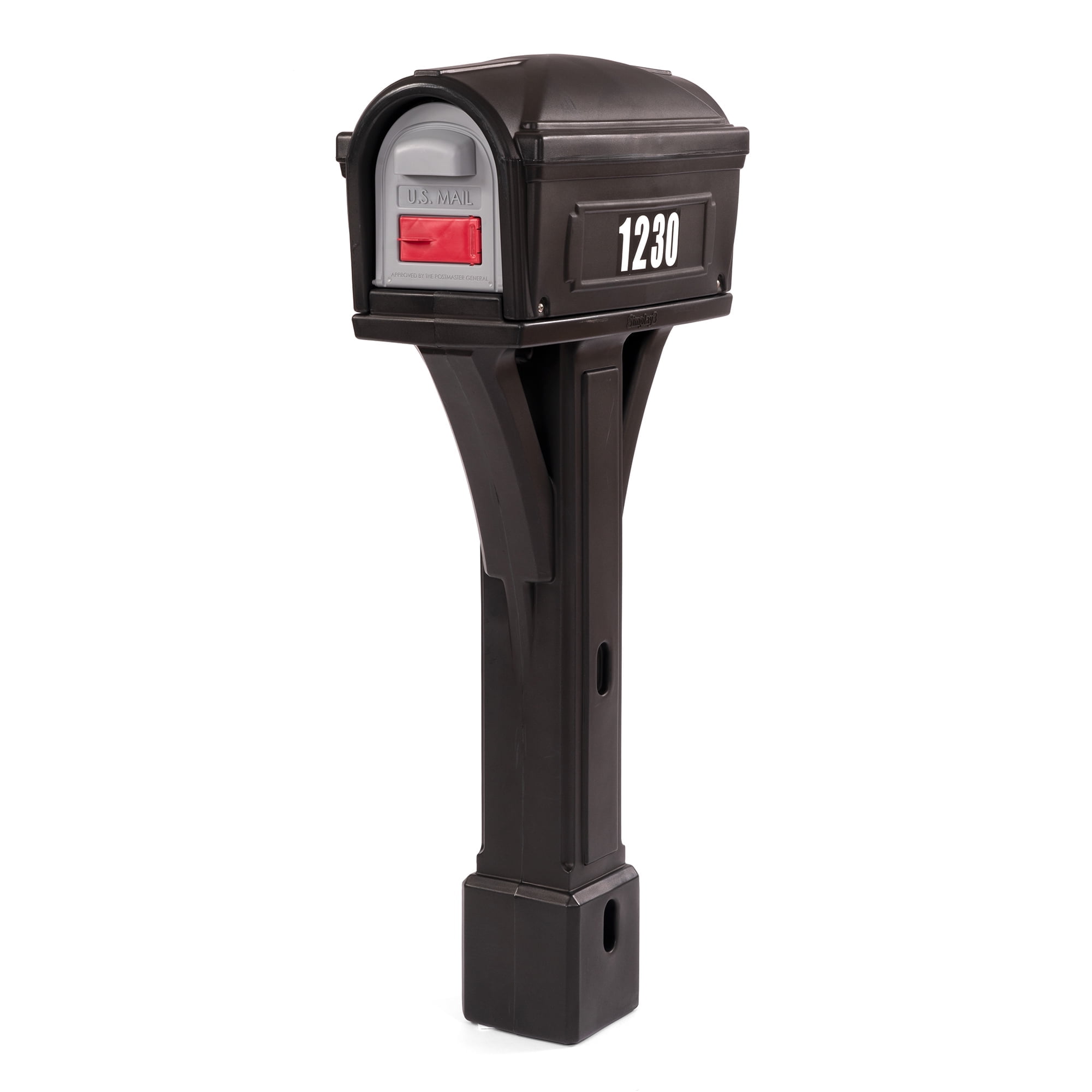Classic Black Plastic Post Mounted Mailbox with Dual Access Doors