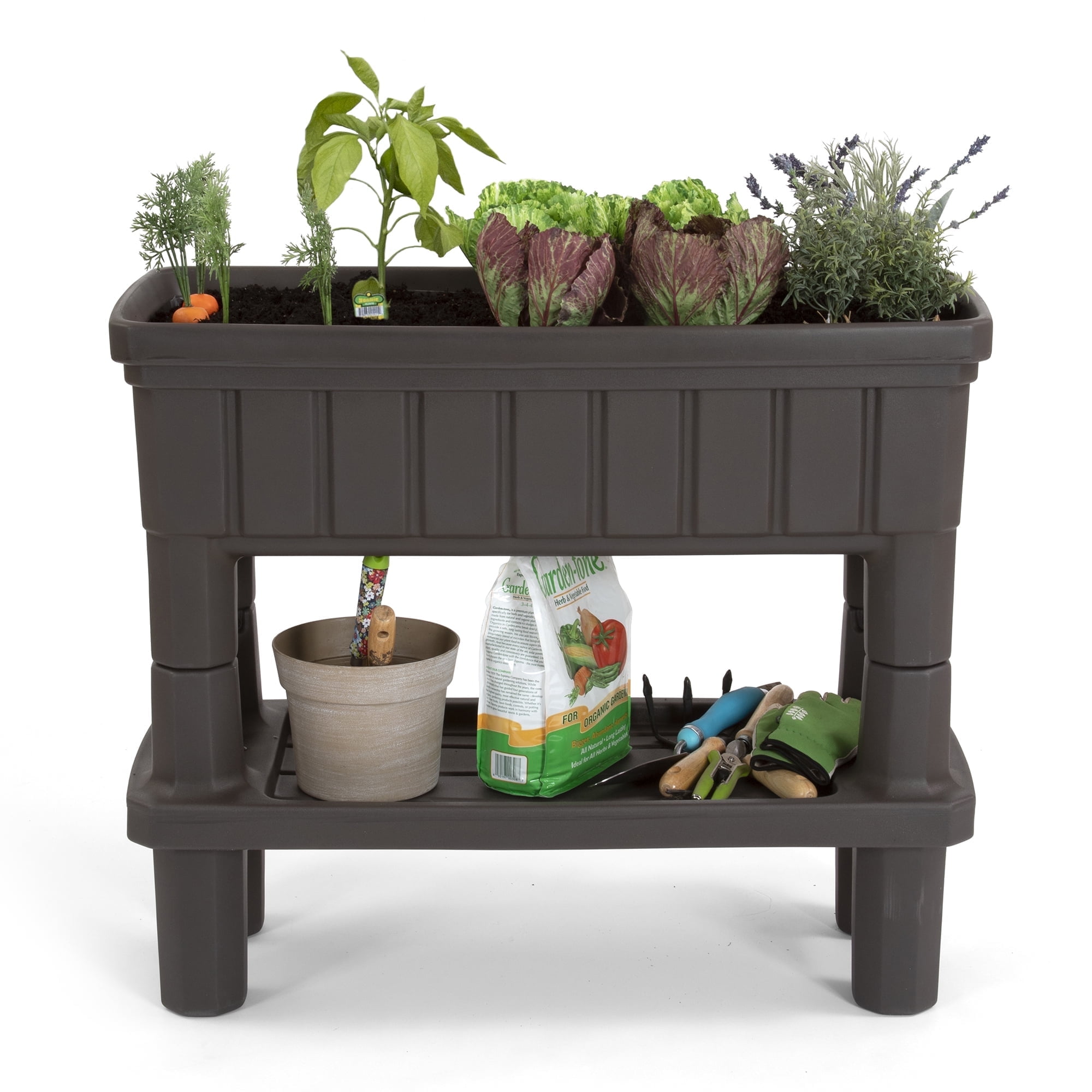 Espresso Raised Plastic Outdoor Patio Garden Planter with Storage