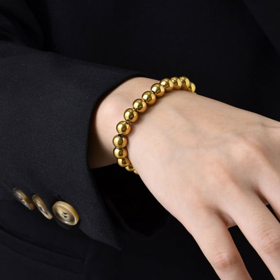 Simple 14K Yellow Gold 4/6/8mm Wide Beads Bracelet for Men,Basic Ball Chain Bracelet Stretchable Wristband Jewelry