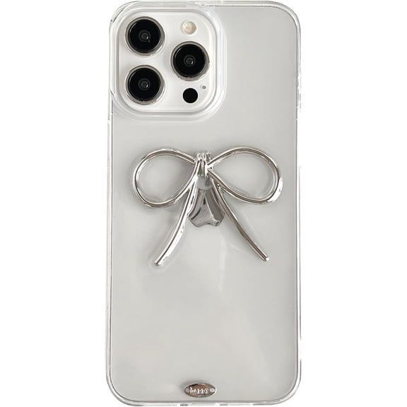 Simple 3D Bow Clear Soft Phone Case Compatible with iPhone Case (Silver,iPhone 15 Pro Max)