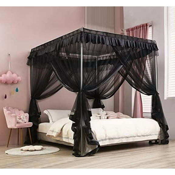 Simple 4 Corners Post Canopy Bed Curtains Bed Drapes (Twin XL, Black)