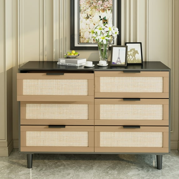 Simple 6 drawers Rattan dresser Rattan Drawer,Bedroom,Living Room Black-43.31(L)*15.75(W)*29.45(H)