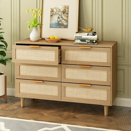 Simple 6 drawers Rattan dresser Rattan Drawer,Bedroom,Living Room Oak-43.31(L)*15.75(W)*29.45(H)