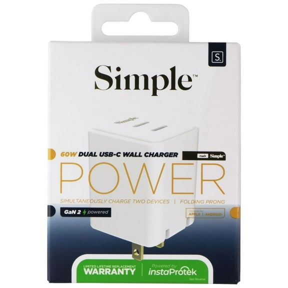 Simple 60W Dual USB-C Wall Charger - White